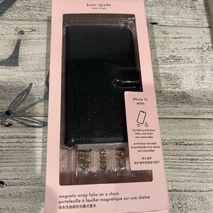 NEW Kate Spade Magnetic Wrap Folio on a Chain Black Glitter Case Crossbody